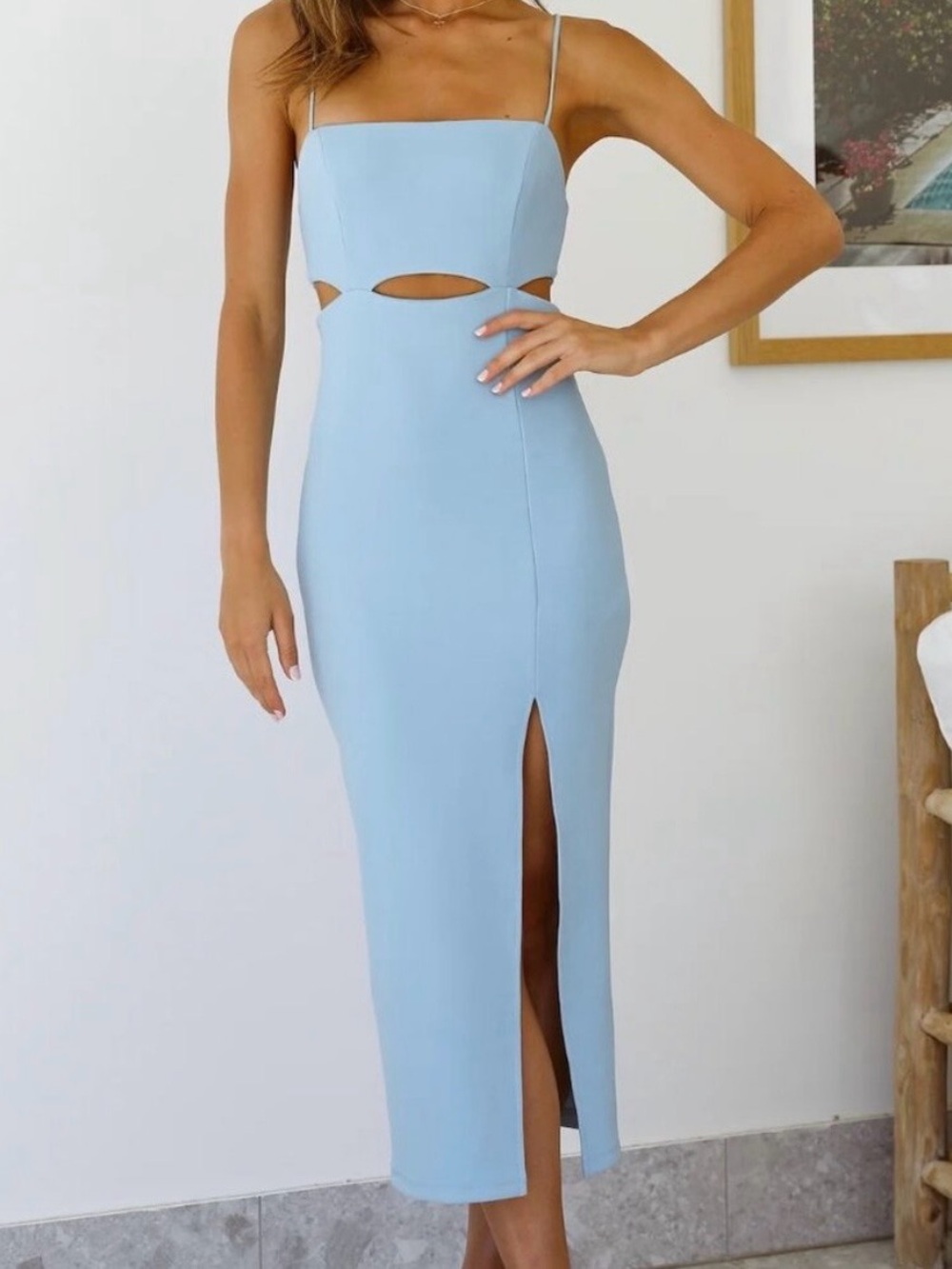Hello Molly Light Blue Cutout Midi Dress with Front Slit
